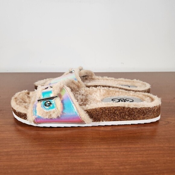 GBG Los Angeles Softee Sandals 7 M Faux Fur Slip On One Strap Buckle - Picture 1 of 12